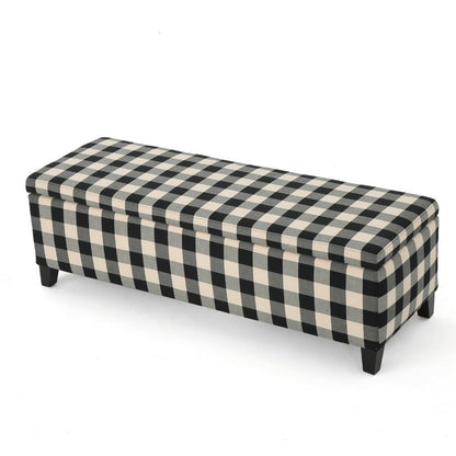 Flash Ottoman Bench with Built In Storage, Black, Cream Plaid, 51 Inch