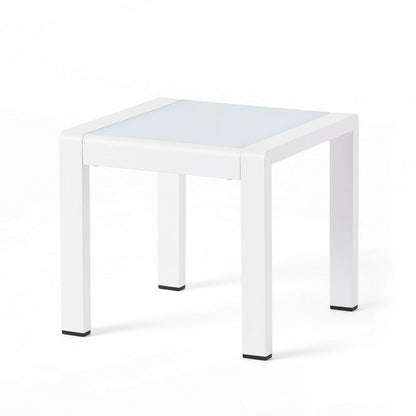 Mandy Outdoor Side Table, Opaque Glass Top, White Metal 20 Inch