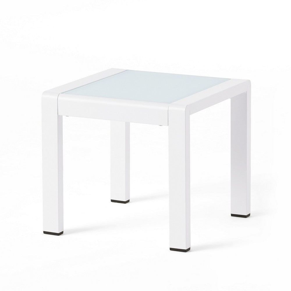 Mandy Outdoor Side Table, Opaque Glass Top, White Metal 20 Inch