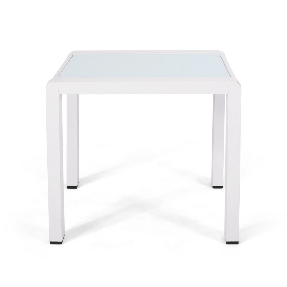 Mandy Outdoor Side Table, Opaque Glass Top, White Metal 20 Inch