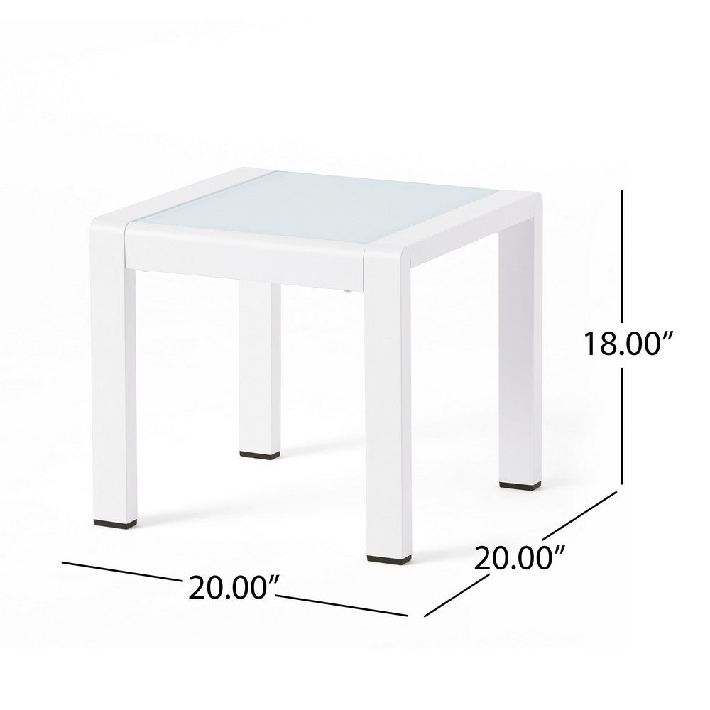Mandy Outdoor Side Table, Opaque Glass Top, White Metal 20 Inch