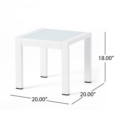 Mandy Outdoor Side Table, Opaque Glass Top, White Metal 20 Inch