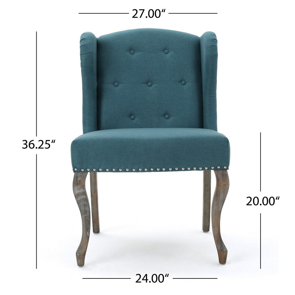 Zynx Accent Chair, Rubberwood Cabriole Legs, Button Tufted Teal Blue