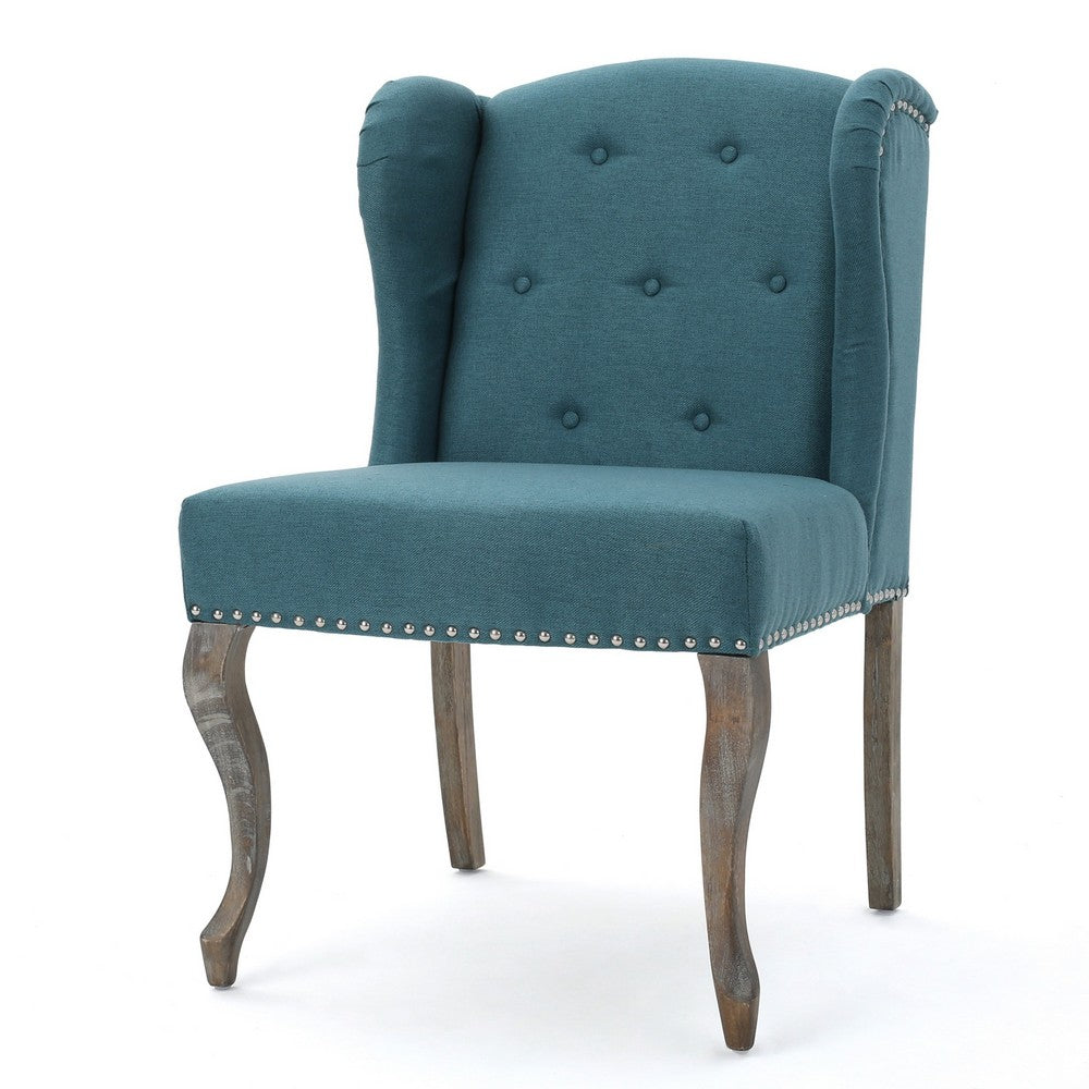 Zynx Accent Chair, Rubberwood Cabriole Legs, Button Tufted Teal Blue