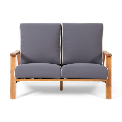 Eddy 2pc Patio Loveseat and Coffee Table Set, Brown Acacia Wood, Gray