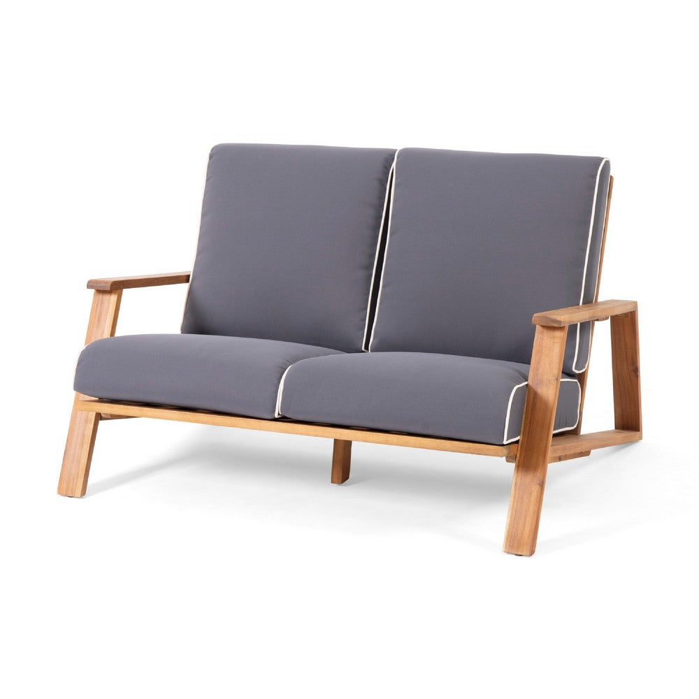 Eddy 2pc Patio Loveseat and Coffee Table Set, Brown Acacia Wood, Gray