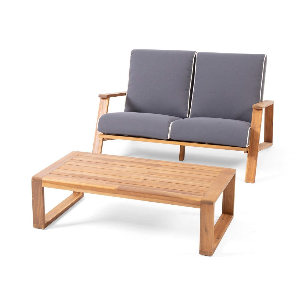 Eddy 2pc Patio Loveseat and Coffee Table Set, Brown Acacia Wood, Gray