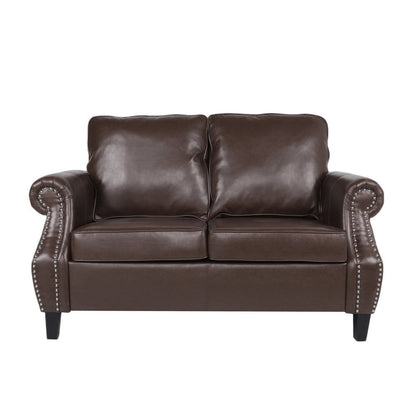 Zika Loveseat, Nailhead Trim Dark Brown Faux Leather, 59 Inch