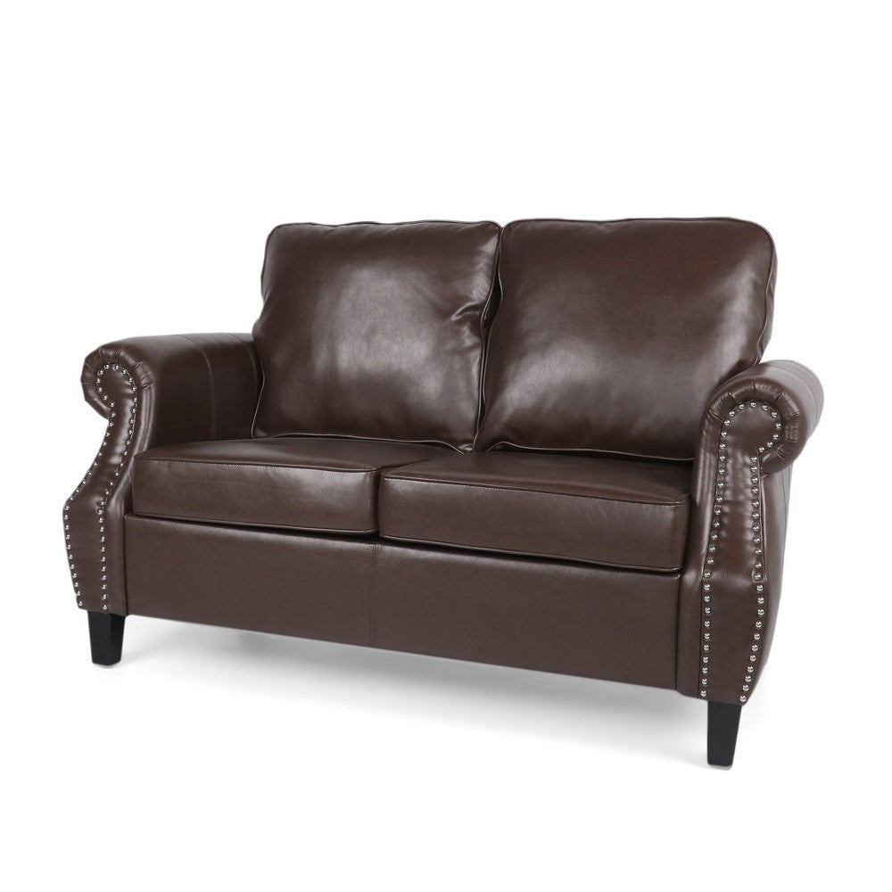 Zika Loveseat, Nailhead Trim Dark Brown Faux Leather, 59 Inch