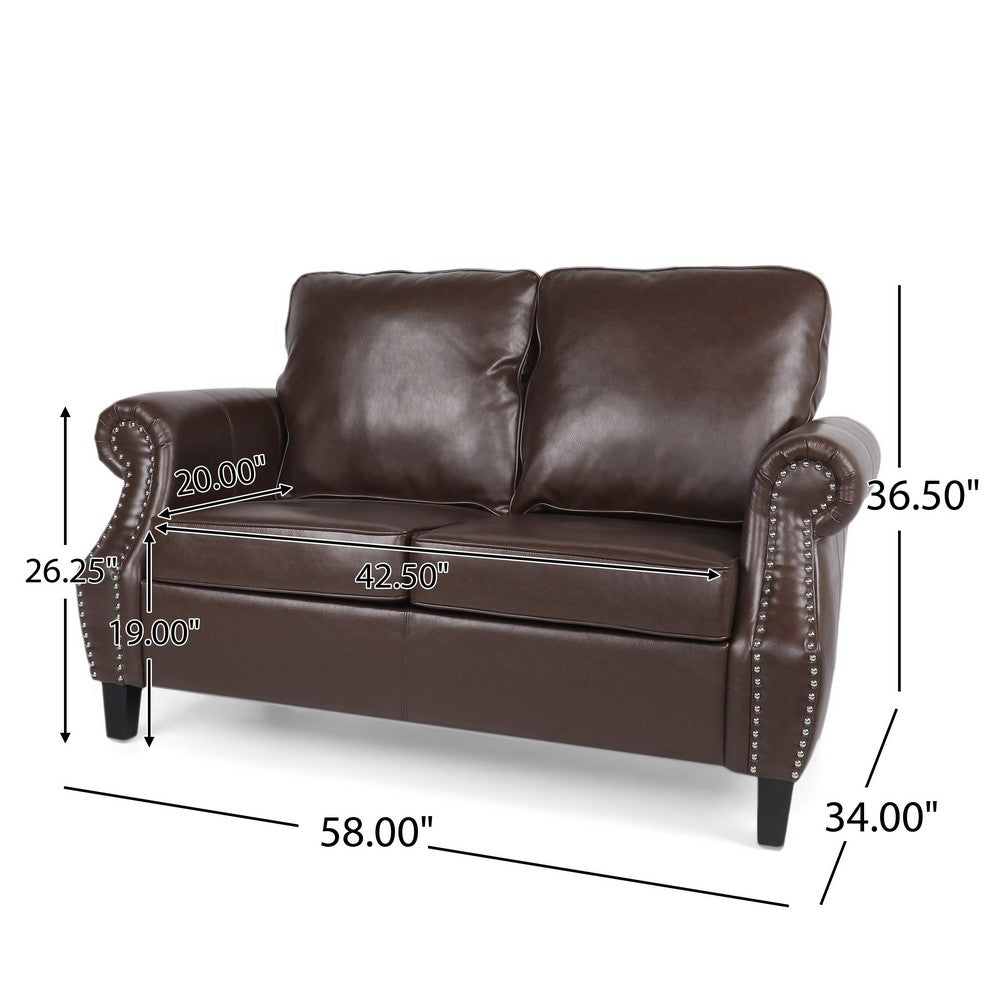 Zika Loveseat, Nailhead Trim Dark Brown Faux Leather, 59 Inch