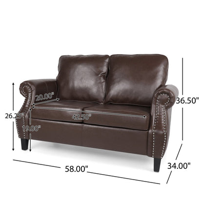 Zika Loveseat, Nailhead Trim Dark Brown Faux Leather, 59 Inch