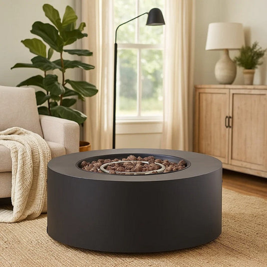 Outdoor Fire Pit, 40,000 BTUs Cutout Handles, Round Dark Gray Iron