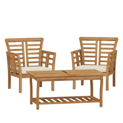 3pc Outdoor Club Chair Set w Coffee Table, Brown Wood Slatted Design