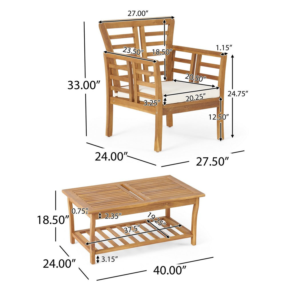 3pc Outdoor Club Chair Set w Coffee Table, Brown Wood Slatted Design