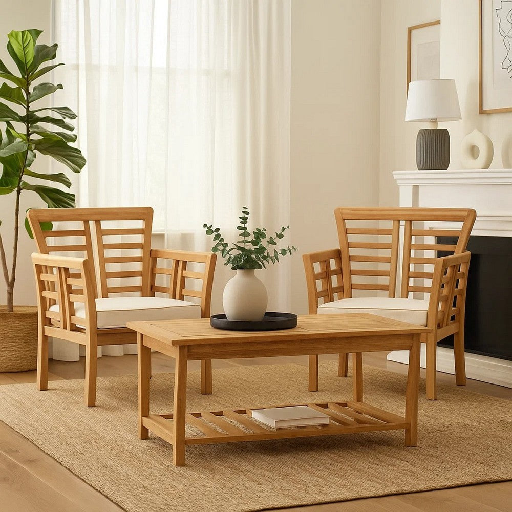 3pc Outdoor Club Chair Set w Coffee Table, Brown Wood Slatted Design