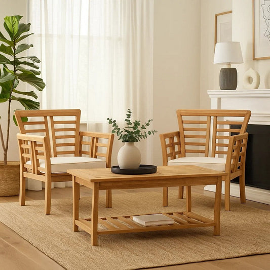 3pc Outdoor Club Chair Set w Coffee Table, Brown Wood Slatted Design