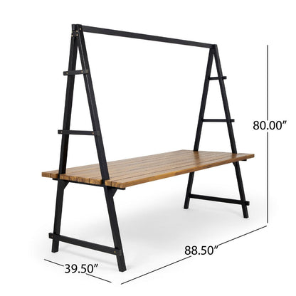 Jo Outdoor Pergola Table, Black Metal Frame, Slatted Teak Brown Wood