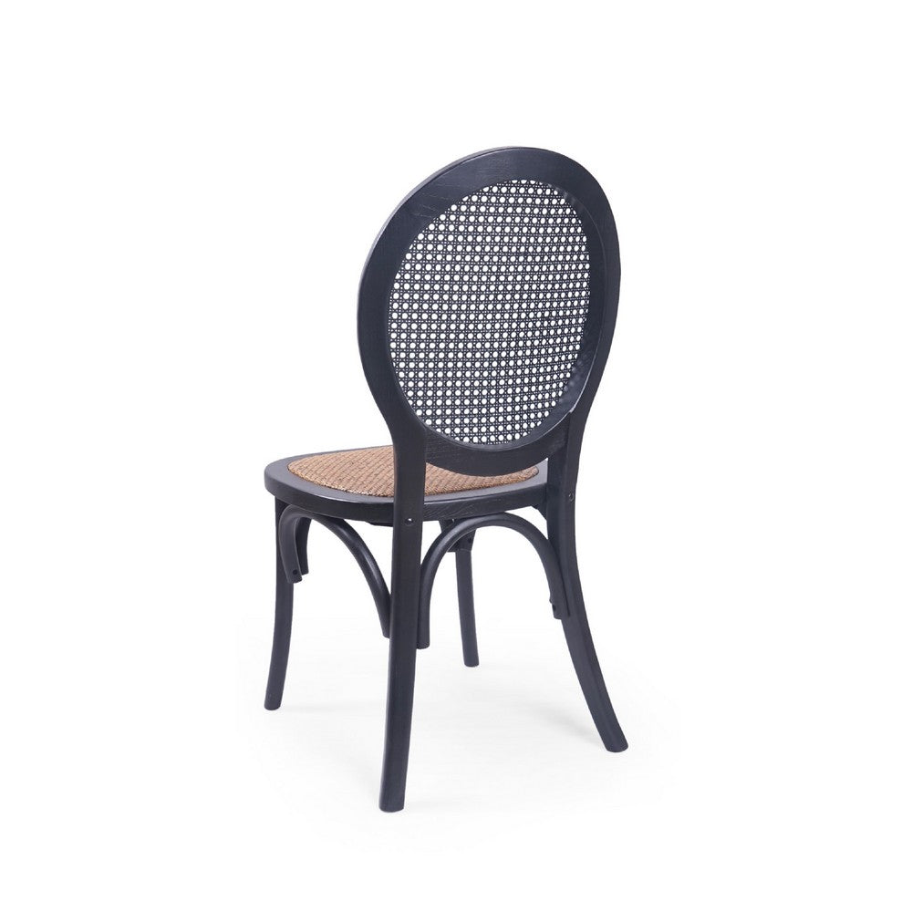 Dining Chair Set of 2, Matte Black Rattan Woven Back and Brown Seat