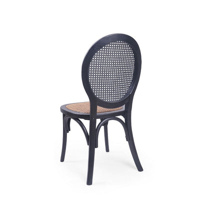 Dining Chair Set of 2, Matte Black Rattan Woven Back and Brown Seat