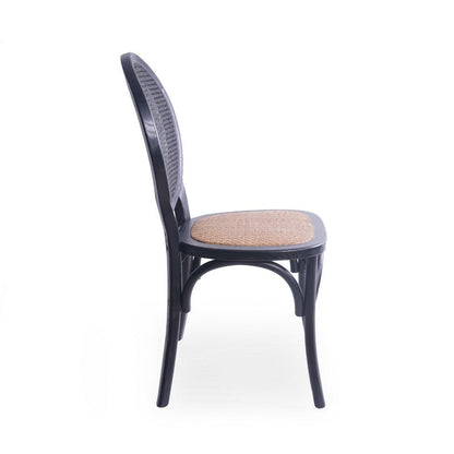 Dining Chair Set of 2, Matte Black Rattan Woven Back and Brown Seat