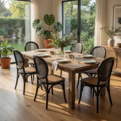 Dining Chair Set of 2, Matte Black Rattan Woven Back and Brown Seat
