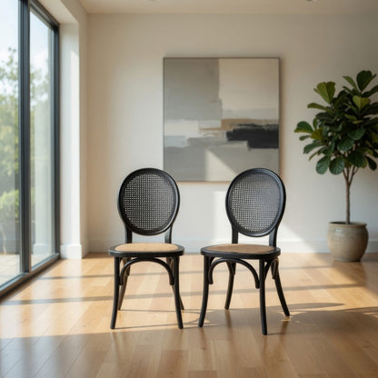 Dining Chair Set of 2, Matte Black Rattan Woven Back and Brown Seat