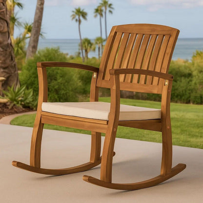 Bang Outdoor Rocking Chair w Cushion, Slatted Back, Brown Acacia Wood