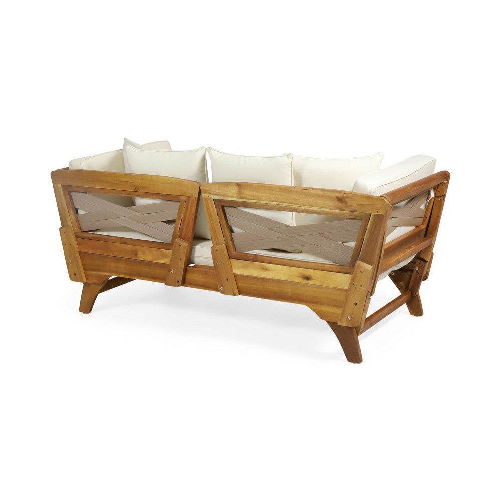 Flex Outdoor Daybed, Brown Wood, 65 Inch, Ivory Polyester Cushions