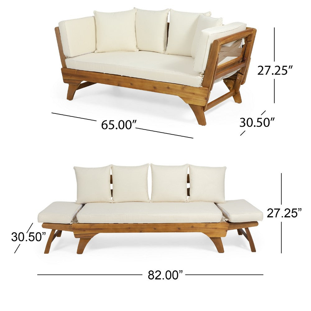 Flex Outdoor Daybed, Brown Wood, 65 Inch, Ivory Polyester Cushions
