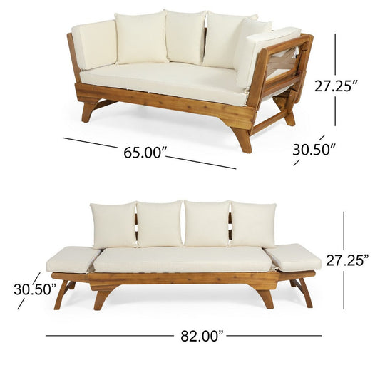 Flex Outdoor Daybed, Brown Wood, 65 Inch, Ivory Polyester Cushions