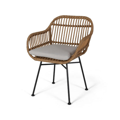 Tee Outdoor Accent Chair, Brown Rattan Seat and Back, Black Metal