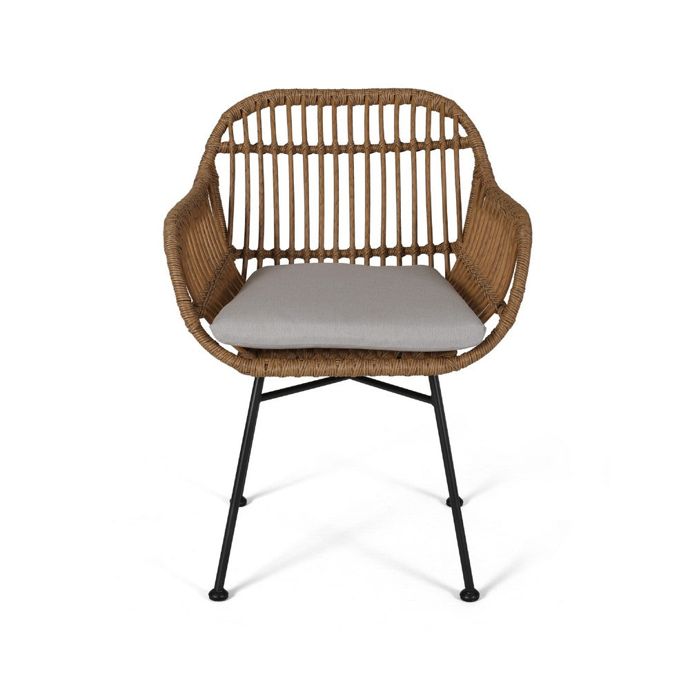 Tee Outdoor Accent Chair, Brown Rattan Seat and Back, Black Metal