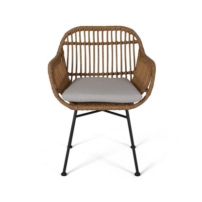 Tee Outdoor Accent Chair, Brown Rattan Seat and Back, Black Metal