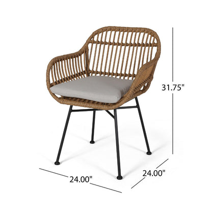 Tee Outdoor Accent Chair, Brown Rattan Seat and Back, Black Metal