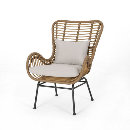 Margo Outdoor Accent Chair, Brown Woven Rattan, Beige, Black Metal