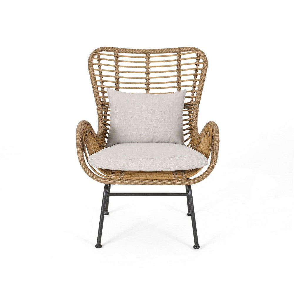 Margo Outdoor Accent Chair, Brown Woven Rattan, Beige, Black Metal