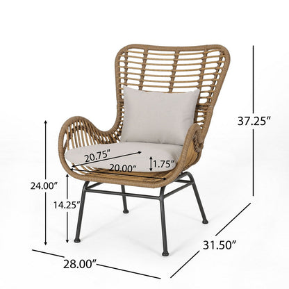 Margo Outdoor Accent Chair, Brown Woven Rattan, Beige, Black Metal