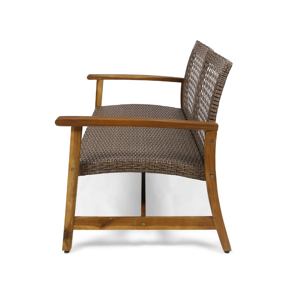 Bops Outdoor Loveseat, Natural Brown Acacia Wood, 52 Inch, Gray Wicker