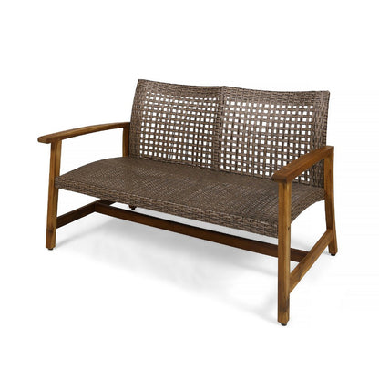 Bops Outdoor Loveseat, Natural Brown Acacia Wood, 52 Inch, Gray Wicker