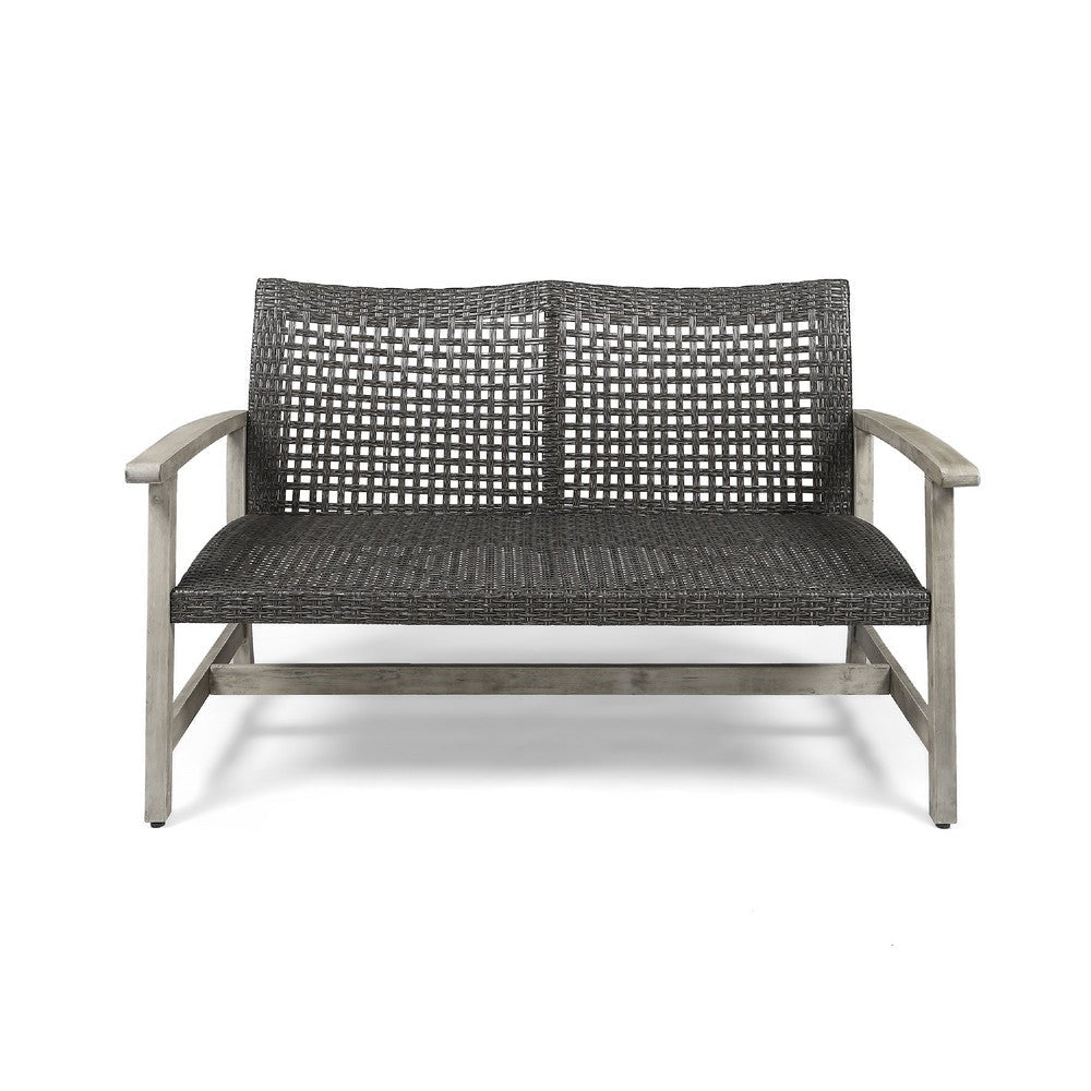 Bops Outdoor Loveseat, Rustic Acacia Wood Frame, 52 Inch, Gray Wicker