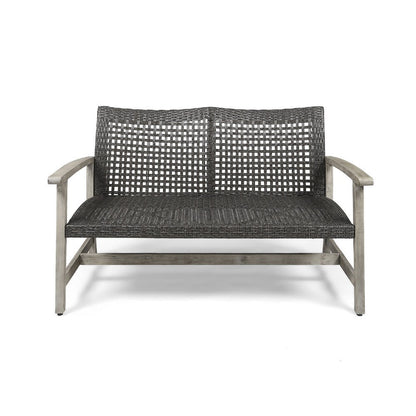 Bops Outdoor Loveseat, Rustic Acacia Wood Frame, 52 Inch, Gray Wicker