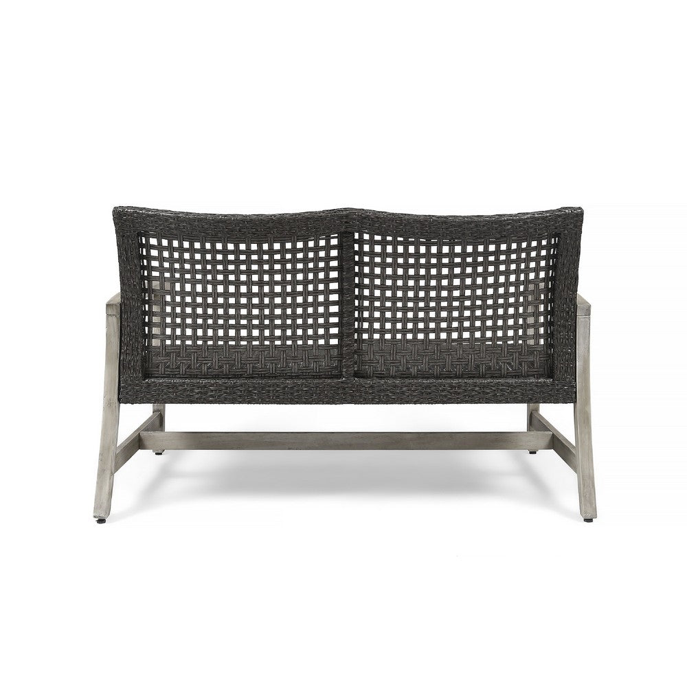 Bops Outdoor Loveseat, Rustic Acacia Wood Frame, 52 Inch, Gray Wicker