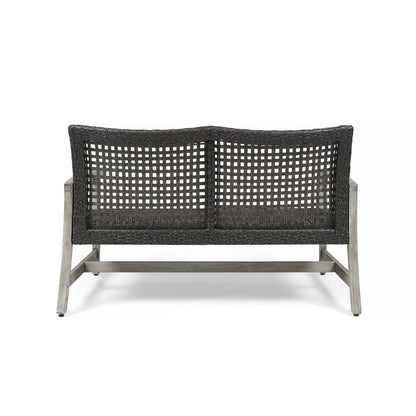 Bops Outdoor Loveseat, Rustic Acacia Wood Frame, 52 Inch, Gray Wicker