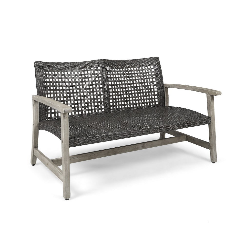 Bops Outdoor Loveseat, Rustic Acacia Wood Frame, 52 Inch, Gray Wicker