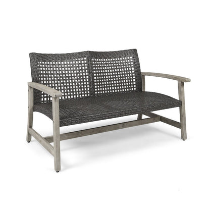 Bops Outdoor Loveseat, Rustic Acacia Wood Frame, 52 Inch, Gray Wicker