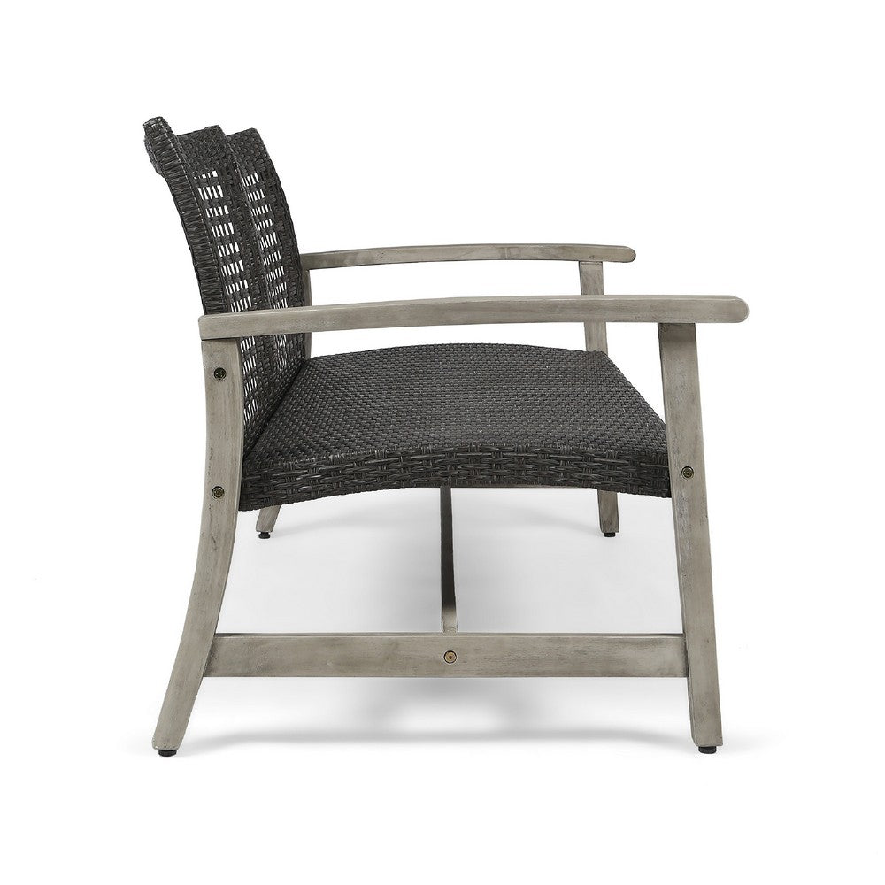 Bops Outdoor Loveseat, Rustic Acacia Wood Frame, 52 Inch, Gray Wicker