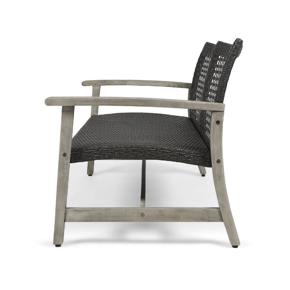 Bops Outdoor Loveseat, Rustic Acacia Wood Frame, 52 Inch, Gray Wicker