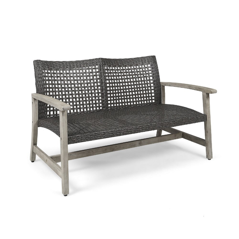 Bops Outdoor Loveseat, Rustic Acacia Wood Frame, 52 Inch, Gray Wicker