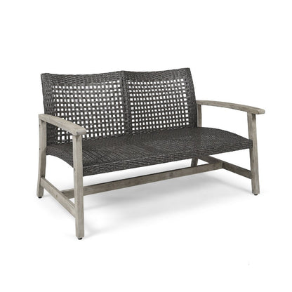 Bops Outdoor Loveseat, Rustic Acacia Wood Frame, 52 Inch, Gray Wicker