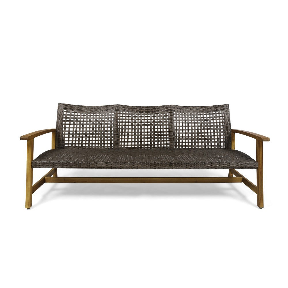 Bops Outdoor Sofa, Brown Acacia Wood Frame, 76 Inch, Gray Wicker